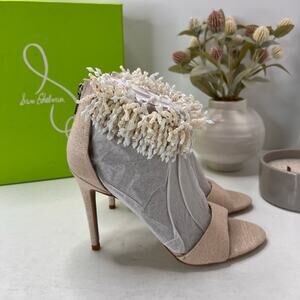 Sam Edelman Gillie Linen Beaded Shell Ankle Strap Heel Sand Heels Women 8M NWB